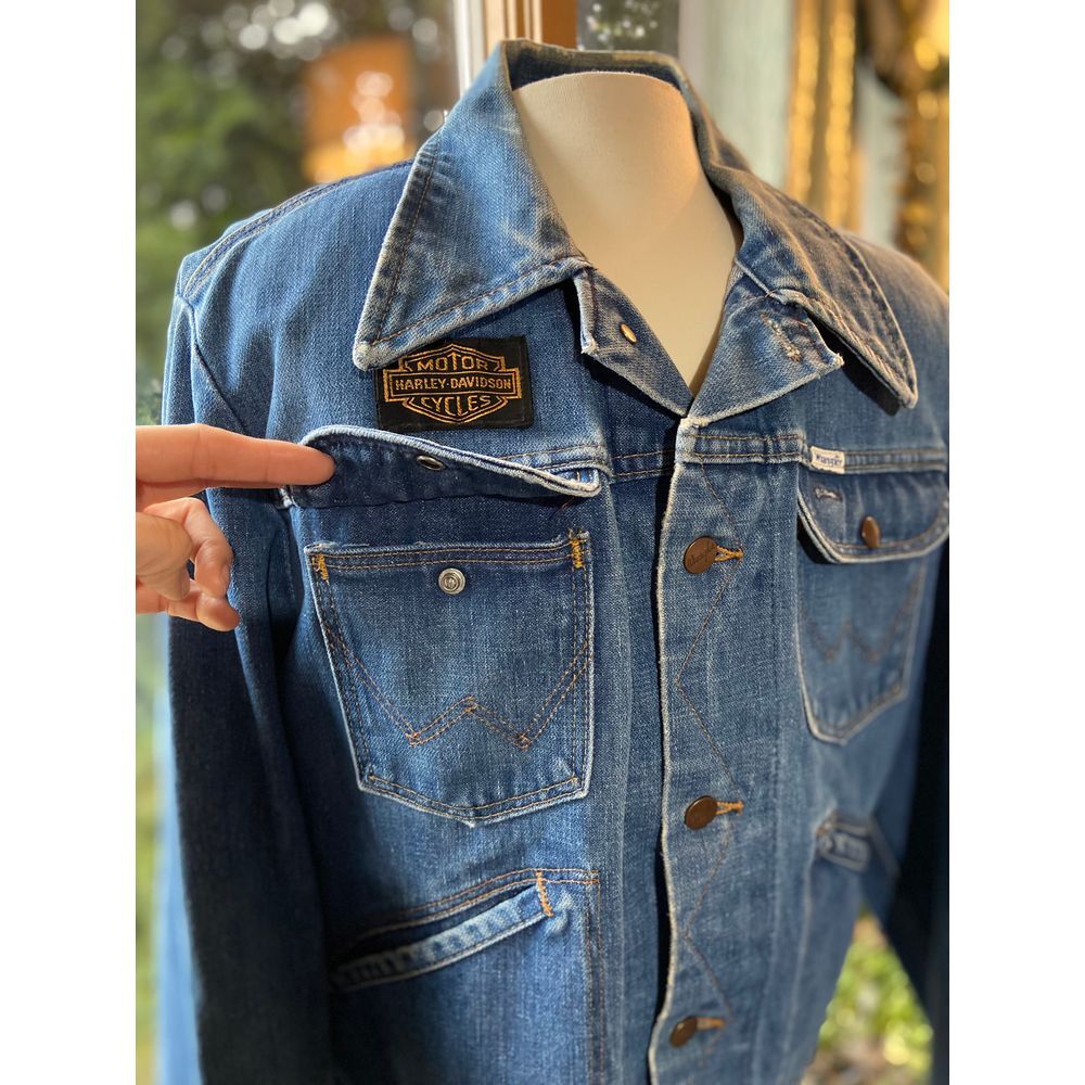 Vtg 70s 80s Wrangler No Fault Denim Sanfor Set Harley David. Patch M Jean Jacket - Picture 3 of 10